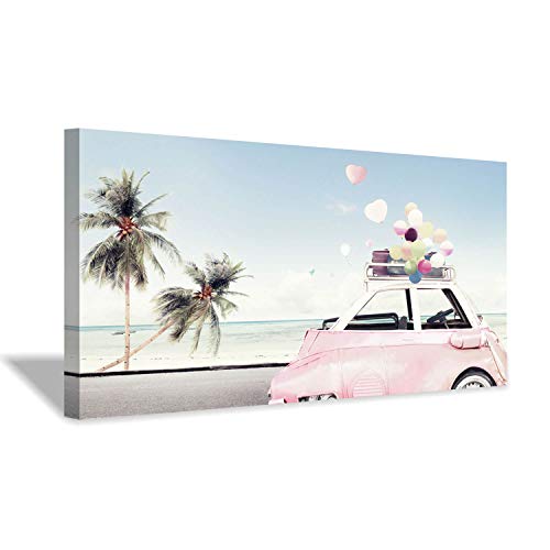 Coastal Scene Picture Canvas Print Pink Car with Balloon on Beach