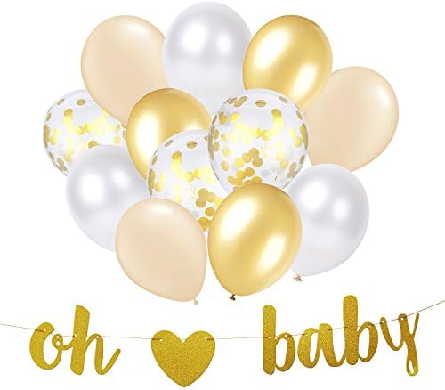 Baby Shower Decorations Neutral Decor Strung Banner (OH BABY) &amp; Confetti, Gold, Pearl, and Champagne Latex Balloons Bouquet and for Party Supplies