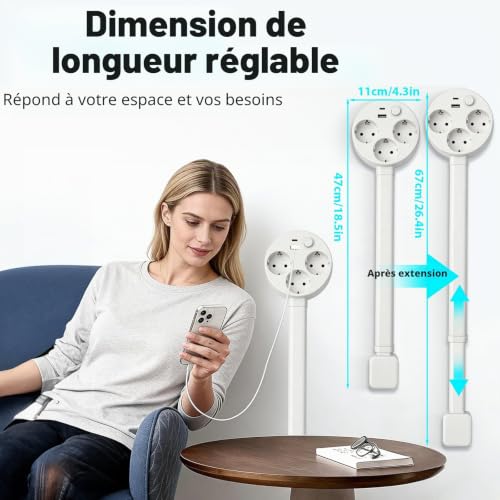 Extending Socket Extension Cord (47-67 cm), Extendable Power Strip with 3 AC Power Ports, 1 USB-C and 1 Typ-C, 360° Swivel Extendable Socket for Kitchen, Living Room, Office, Max Load 1500W