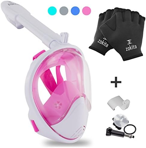 Full Face Snorkel Mask Set, Easy Breath, Anti Fog, Anti Leak Snorkeling Goggles with Removable Cam Mount for Underwater Camera, Panoramic 180° Snorkel Mask &amp; Bonus Swim Gloves, Pink S/M