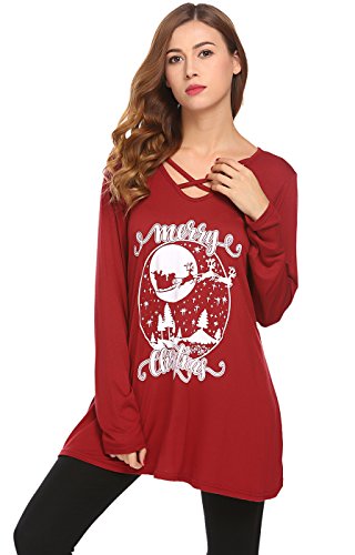 Women Long Sleeve Elk T-Shirt Reindeer Xmas T Shirt Blouse Christmas(Wine Red, XL)