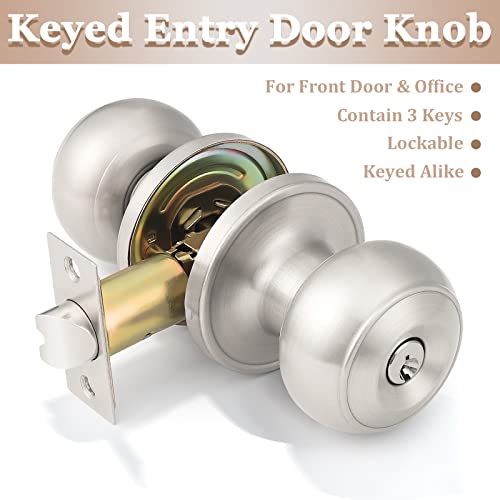 Probrico (6 Pack) Satin Nickel Round Entry Door Knobs Keyed Alike, Exterior/Interior Door