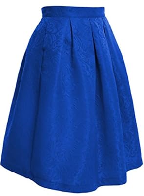 Halife Women's High Waisted Jacquard Floral Pleated A Line Skater Midi Skirt