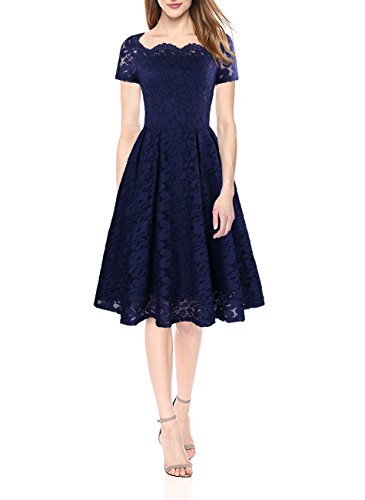 Yanmei Women's Floral Lace Prom Dress Knee Length Cocktail Dress Evening Party Dark Blue Large 1085-3