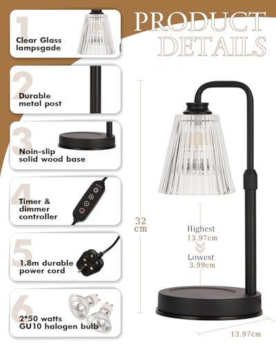 Funistree Height Adjustable Candle Warmer Lamp with Dimmer & Timer, Black Candle Melter Heater with 2 Bulbs, Home Decor, Birthday Gifts for Women, Compatible with Yankee Large Jars