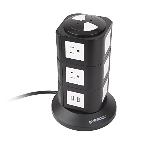 Safemore Surge Protector Power Strip 10-Outlet with 4-USB Multiple Outlets Tower Socket 6.5ft Long Cord 3 Prong Plug Universal Charging Station for Office (Black and White) - Thumbnail 7