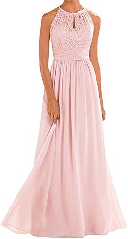 Annadress Women's Halter Lace A-Line Chiffon Floor-Length Bridesmaid Dress