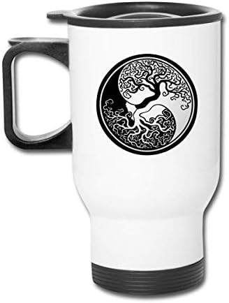 Bestqe Travel Mug with Handle, Tree of Life Yin Yang Travel Mug Vacuum-Insulated Stainless Steel Easy-Clean Lid