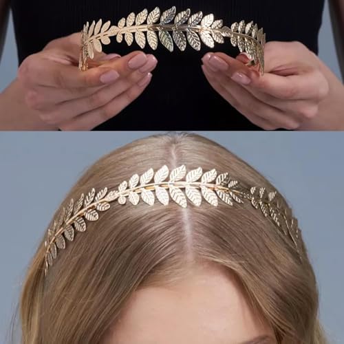 5 Pieces Greek Goddess Costume Accessories Set, Greek Goddess Accessories With 1 Pcs Golden Leaf Crown Headband, 2 Pcs Dangle Earrings and 2Pcs Armband Bracelet for Bridal Bridesmaid Wedding Party