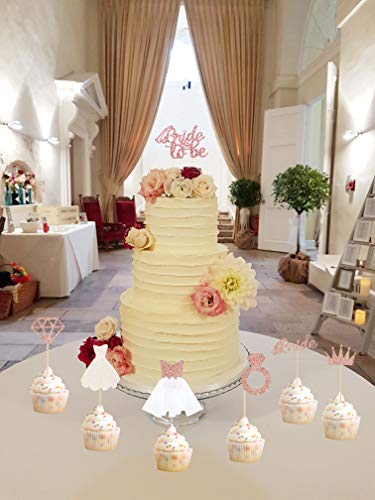 Bride to be Cake Topper Diamond Ring Wedding Dress Cupcake Toppers for Bridal Shower Decorations, Rose Gold Wedding Engagement Party Cake Decorations,37 Pcs
