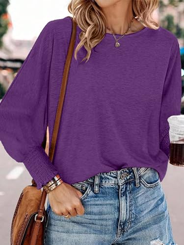 SUCOLAN WOMEN’S 2024 FASHION TOPS LONG SLEEVE T-SHIRTS CUTE CREWNECK BASIC BUSINESS TEES LOOSE FITTED CASUAL BLOUSES PURPLE