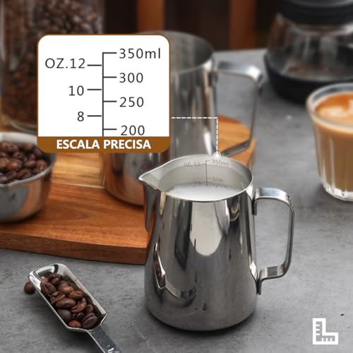 MXHIGO Jarra para Espumar Leche con Línea de Escala Interior y Latte Pen, 350ml/12oz Taza Jarra de Vapor Exprés de Acero Inoxidable, Perfecta para Cafetera Espresso, Barista, Latte, Capuchino, Café