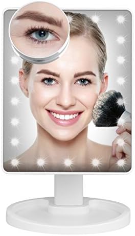 LED makeup mirror with touch screen dimming, 22 LED lights, 180° adjustable rotation, detachable 10x magnifier, countertop makeup mirror