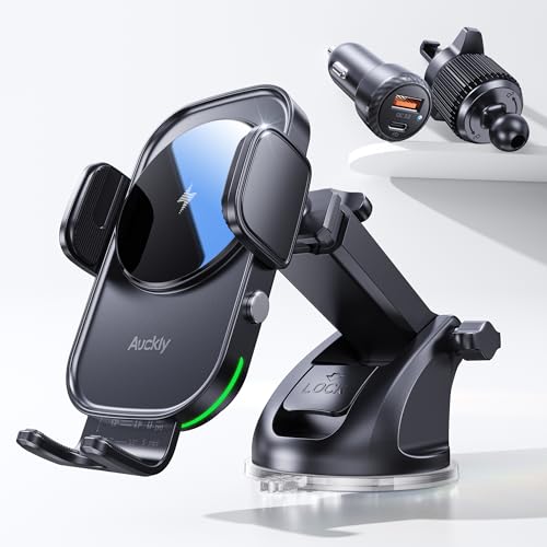 Auckly Handyhalterung Auto mit Ladefunktion, 【mit 48W-Steckdose&Sauger&Clip】 Qi 15W Fast Wireless Charger Auto Laden Automatischer Induktion Ladegerät Car für i
