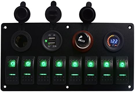 TEQStone Rocker Switch Panel 8 Gang Metal Board LED Rocker Blank Switch Panel with Circuit Breakers&amp;Digital Voltmeter+2 Cigarette Socket &amp; USB Power Charger Adapter for Boat Car Marine