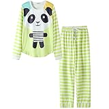 VENTELAN Womens Cow Printed Pajamas Set Long Sleeve Sleepwear Brief Loungewear A-Green Panda S (USA Size:4-6) A-Green Panda S (USA Size:4-6)