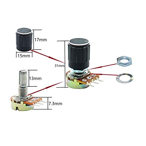 DaFuRui 21Pcs[7 Values x 3pcs] B5K B10K B20K B50K B100K B250K B500K Ohm 3 Terminals Knurled Shaft Linear Rotary Taper Potentiometer with Black Knob Kit - Thumbnail 2