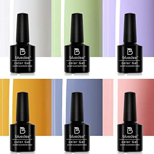 Bluedee Gel Nail Polish Starter Kit 6 pcs Ice Cream Series Colors Gel Polish Set with 9W UV LED Nail Lamp Dryer Base Coat Strength Top Coat Glitter Powder Nail Art Rhinestone Home Manicure Gift Box