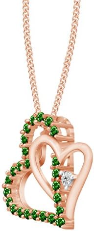 Araska Diamond Double Heart Pendant 14k Rose Gold FN Round Cut Emerald With 18" Chain 0.42Ct