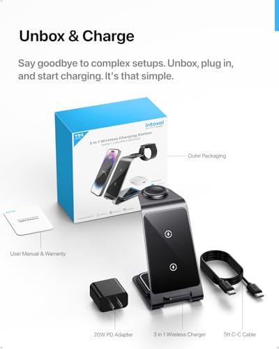 Intoval Aluminum 3-in-1 Wireless Charging Station for iPhone 17/17 Pro/17 Pro Max/16/16 Pro/16 Pro Max/15/14/13/12,for Apple Watch 11/Ultra 3/SE 3/10/9/8/7,for AirPods Pro 3/4/Pro 2/3/Pro (Grey)