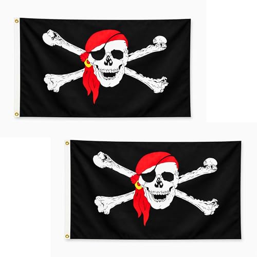 2 Pcs Jolly Roger Pirate Red Scarf Flag 5ft x 3ft with Brass Eyelets – Polyester Pirate Banner for Pirate Parties, Halloween Decor, Bar, Boat & Garden Decor