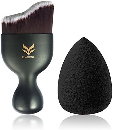 HML Wavy Contour Cosmetics Blusher Brush With 2 Sponge Puff,1 MakeUp Brush Washer Irregular Shape Soft Brushes Synthetic Hair Professional Makeup Powder Blusher Brush