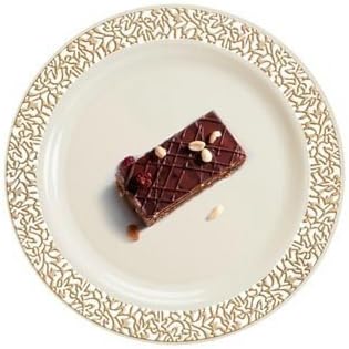 [10 PACK] Lace Collection Elegant Premium Plastic Disposable Party Dinner Plates (7.5" - 20cm Salad Plates, Cream & Gold)