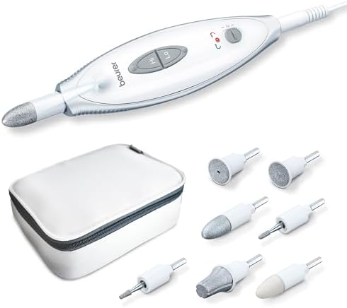 Beurer MP 41 Conjunto profissional de manicure e pedicure, berbequim para unhas com 7 acessórios, luz LED, rotação direita/esquerda, 2 velocidades, saco incluído