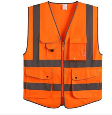VanSafety Reflective Vest Safety Working Cloth Silver Stripes Zipper Pocket Front Running Jogging Neon Red, L