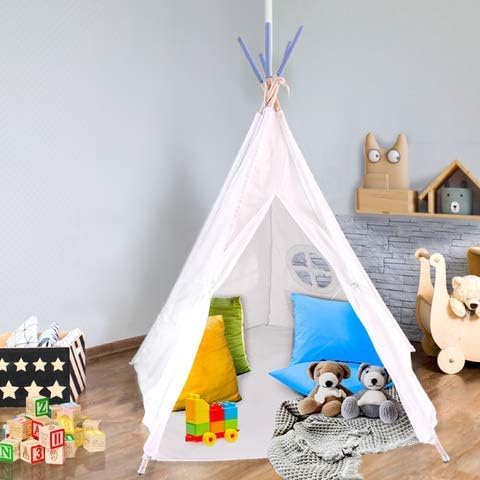 Teepee Tent for Kids - Sturdy 5 Poles Kids Teepee Sewed Floor Mat, Tipi Lights, Carry Bag Baby Tent - 5 Ft White Cotton Canvas Kids Tent for Boys&Girls (Grey)
