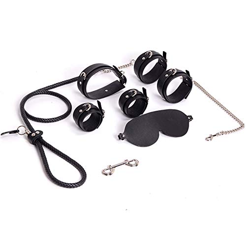 6 Piece Leather Bondage Restraints Set Kit for Bed and Under Bed Sex Play SM Bondage Toy Gear Wrist and Ankle Cuffs Handcuff Collar Strap On Harness for Women Couples Lesbian Female,Black