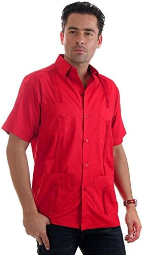 Mojito Collection Cotton Guayabera (Medium, Red)