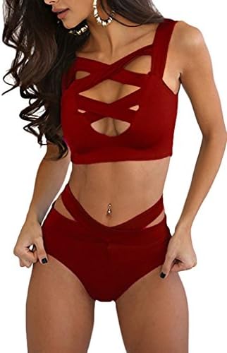 Women's Sexy Criss Cross High Waisted Bandage 2PCS Bikini Set, M Wine