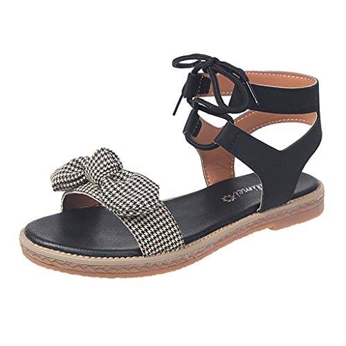 SMALLE ◕‿◕ Women's Elastic Flat Sandals, Women's Ladies Summer Ankle Strap Bowknot Beach Sandals Espadrilles Shoes Black