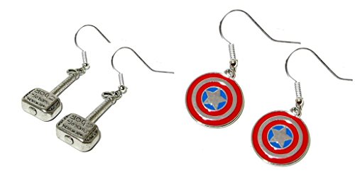 Thor Hammer With Writing and Captain America Shield Logo Dangle Earrings w/Gift Box