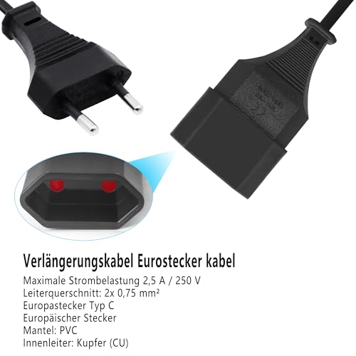 LANMINGLEL European Plug Extension Cable with Flat European Plug, 2 x 0.75 mm², 2.5 A, 250 V, for TV, Computer, Monitor, Projector, Appliances (2 Pieces)