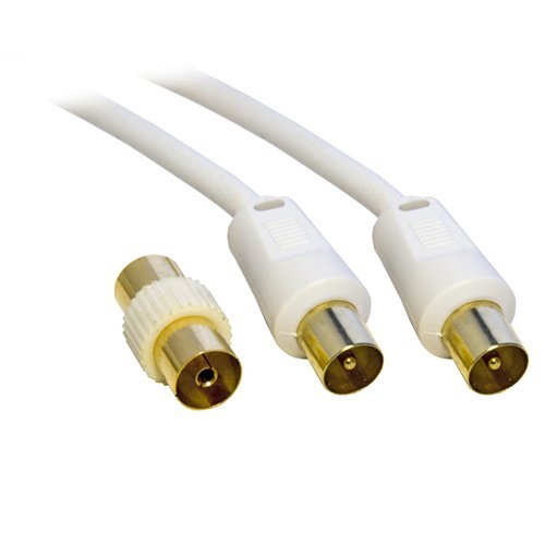 5M Metre TV VCR Video Aerial Coaxial Fly Lead / Cable Male to Male White + Female Coupler - Gold