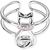 Delicate Cat Rings for Women Pink Cubic Zirconia Crystal Cute Kitten Animal Stackable Open Band Silver Plated Dainty Adjustable Stacking Ring Engagement Promise Statement Jewelry for Cat Pet Lovers