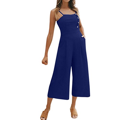 2018 New! Wide Leg Rompers,Women Casual Backless Loose Long Jumpsuits Solid Sling Button Bodysuits (L, Blue)