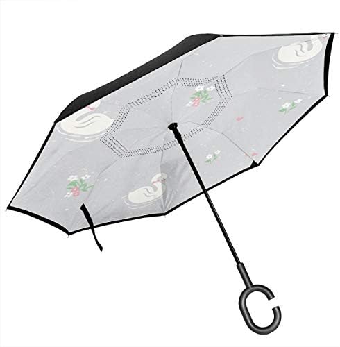 Pattern With Flock Of White Swans And Cygnets Car Inverted Umbrella,Windproof Reverse Double Canopy Umbrellas For Women With UV Protection,Portable Upside Down Golf Umbrella With C-Shaped Handle