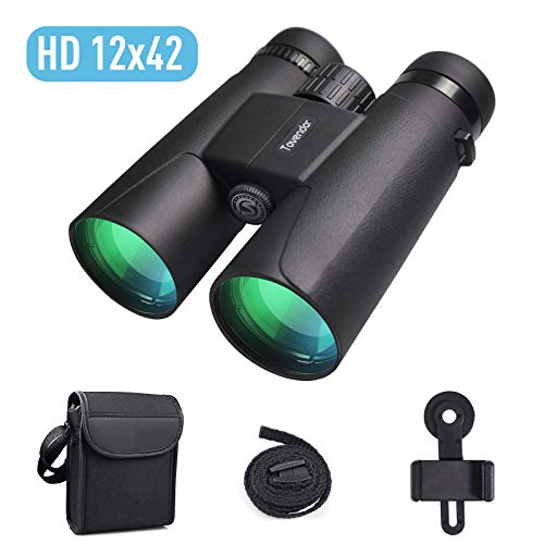 12x42 Compact Binoculars for Adults, Tovendor HD Binoculars FMC Lens BAK4 Roof Prism with Phone Mount Strap Carrying Bag for Hunting, Bird Watching, Concerts and Indoor Outdoor Activities