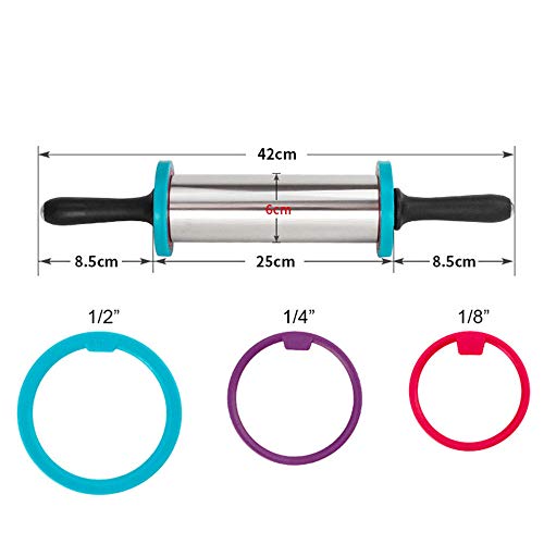 Fan-Ling Professional Stainless Steel Rolling Pin with Thickness Rings ,Large Duty Adjustable Roller,Fit for Fondant, Pie Crust, Cookie, Pastry, Pasta, Pizza Dough (B)