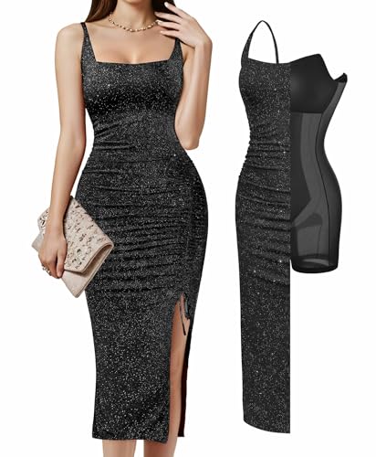 Popilush Shapewear Midi Dress Women's Sparkly Formal Wedding Guest Cocktail Dresses Fall Square Neck Ruched Dress Side Slit
