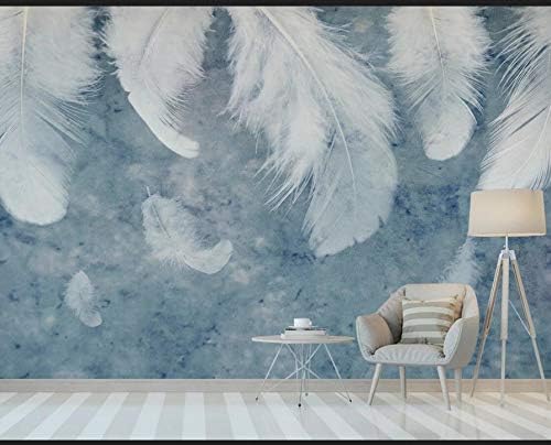 White Feather Wallpaper Mural Blue Watercolor Background Waterproof Wall Papers Home Decor (W)300*(H)210cm A