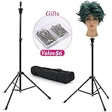 Klvied Adjustable Tripod Wig Stand with T-Pins, Metal Mannequin Head Stand, Heavy Duty Canvas Wig Head Stand Holder for Cosmetology Hairdressing Training, Wig Making with Portable Carrying Bag, Black