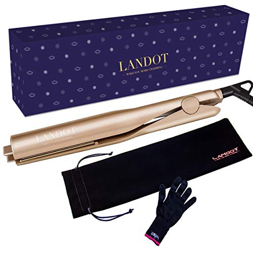 LANDOT Flat Iron for Hair Curling Irons Hair Straightener Twist 2 in 1 Hair Curlers Straightening Iron Dual Voltages Hair Styling Tools with 3D Concave and Convex Titanium Plated 1 Inch Color Gold