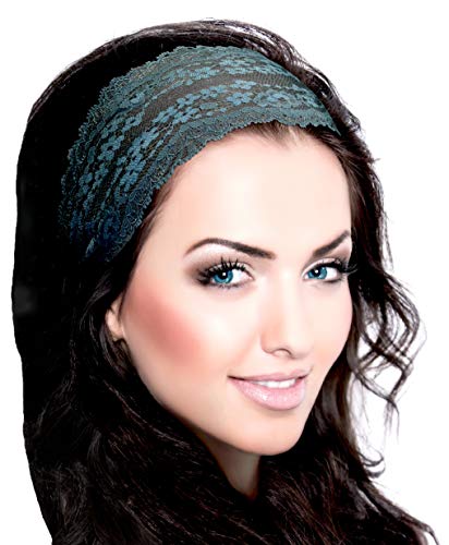 ShariRose Stunning Stretch Wide Floral Lace Head-Bands in Many Beautiful Colors Handmade (Teal Floral)