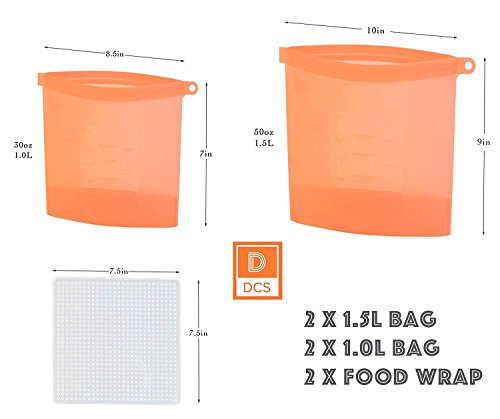 Reusable Silicone Food Storage Bag by DCS | 2x50OZ(1.5L) and 2x34OZ(1L) Bags + 2 FREE Food Wraps | FDA & SGS Approved | Microwave & Dishwasher Safe | Airtight & Leak proof - Thumbnail 3