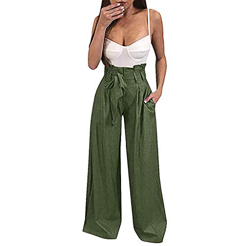 Pervobs Womens Comfy Chic Palazzo Lounge Pant Casual Paper Bag Pants Elastic Waist Pockets Wide Leg Pant Trouser(L, Z01-Green)