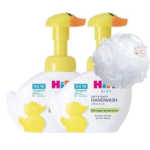 Kids Liquid Soap Bundle which Contains Hipp Babysanft Wash Foam Duck 250ml - Pack of 2 with Shower Puff